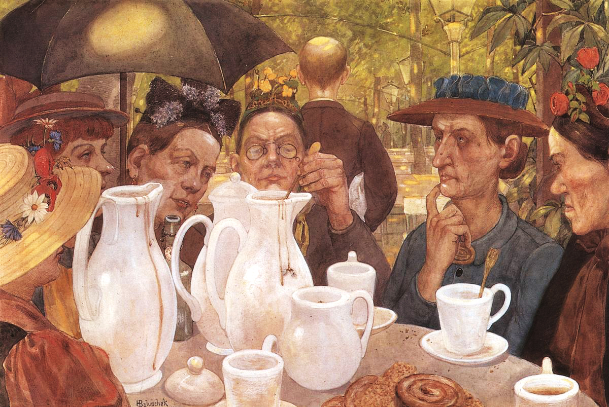 Gemälde älterer Damen am Kaffeetisch in der Natur