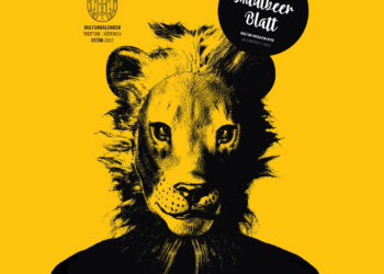Der Titel der Maulbeerblatt-Ausgabe #115, Ein mensch mit Löwenmaske schaut den Betrachter frontal an