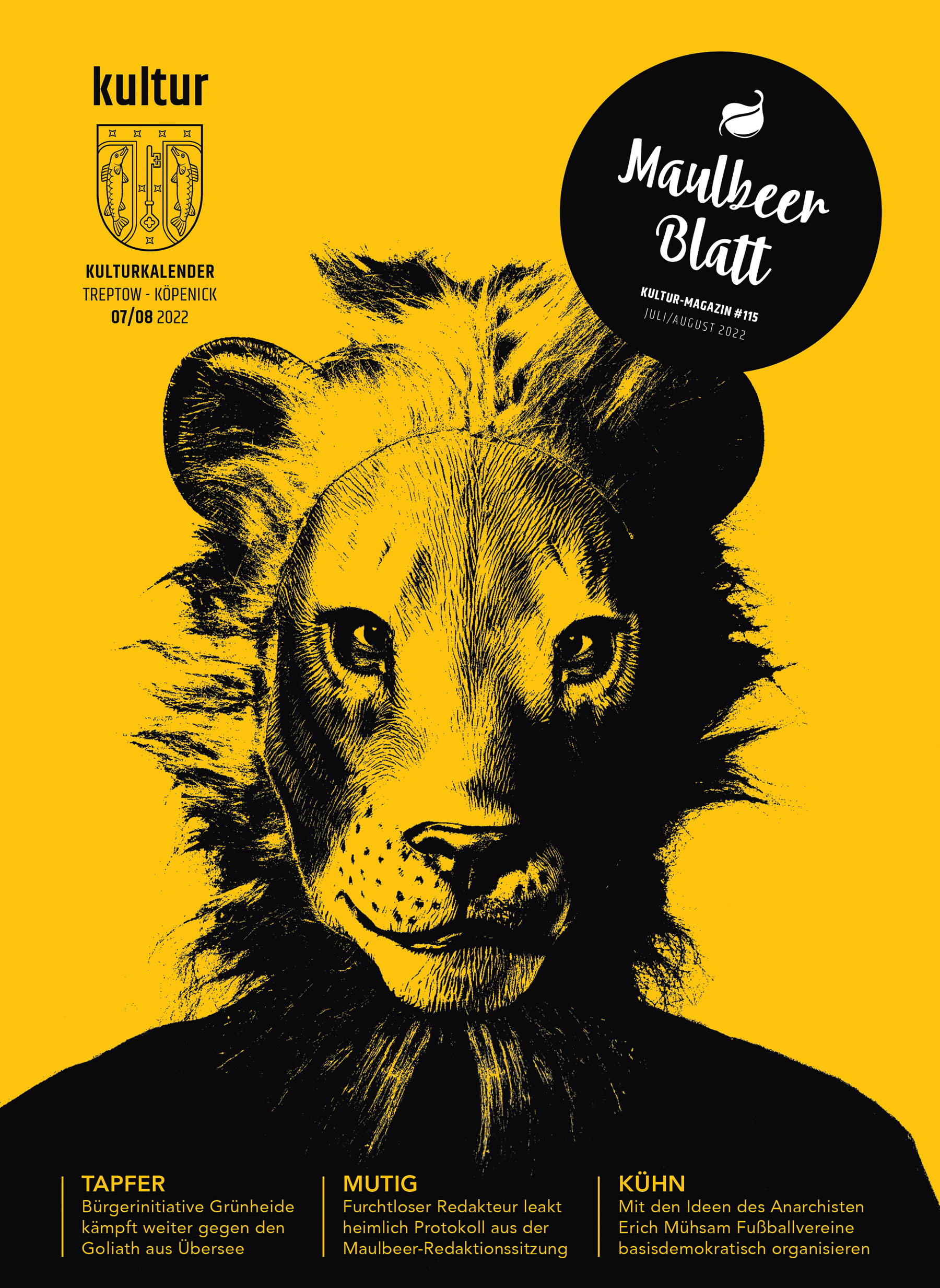 Das Cover der Maulbeerblatt-Sonderausgabe #115, ein mutiger Maskenlöwe blickt den Berachter frontal an