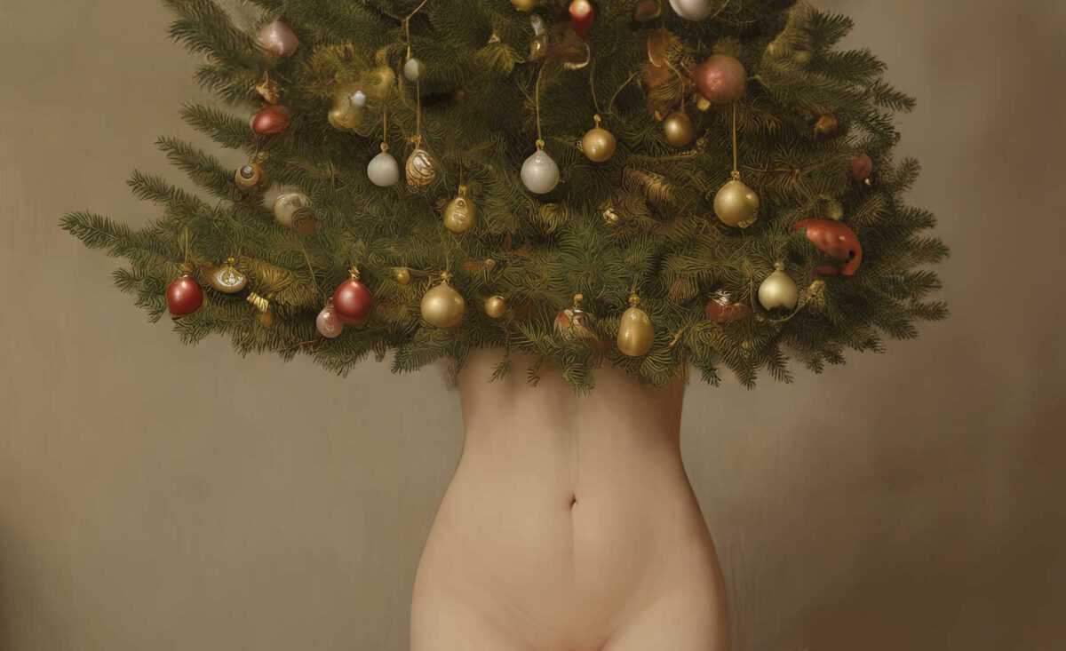 Eine nackte Frau unterm geschmückten Weihnachtsbaum