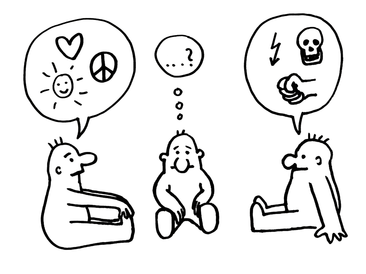 Paulchen, Lasse und Ulli sitzen auf ihren 4 Buchstaben und haben Sprech- bzw. Denkblasen über dem Kopf.