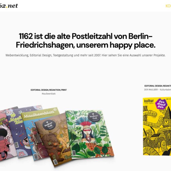 Die Startseite der Agentur elf62.net, dem Verlag des MAULBÄR Kulturkalenders sowie des Magazins Maulbeerblatt