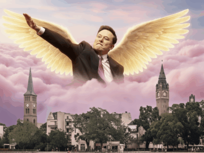 Elon Musk mit goldenen Schwingen im Zuckerwattehimmel mit historischer Grußgeste