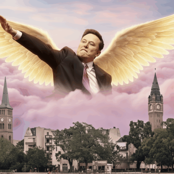 Elon Musk mit goldenen Schwingen im Zuckerwattehimmel mit historischer Grußgeste