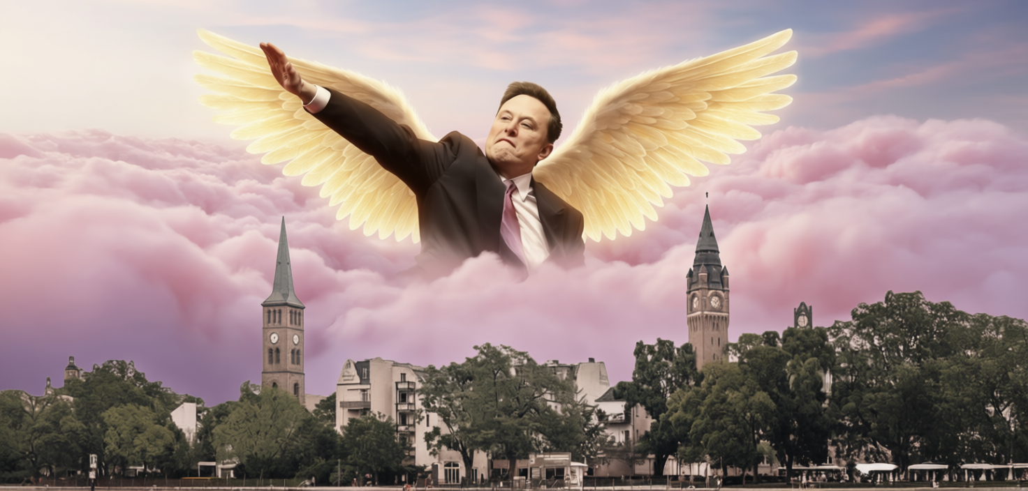 Elon Musk mit goldenen Schwingen im Zuckerwattehimmel mit historischer Grußgeste