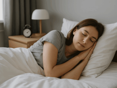 Eine junge Frau horcht an der Matratze