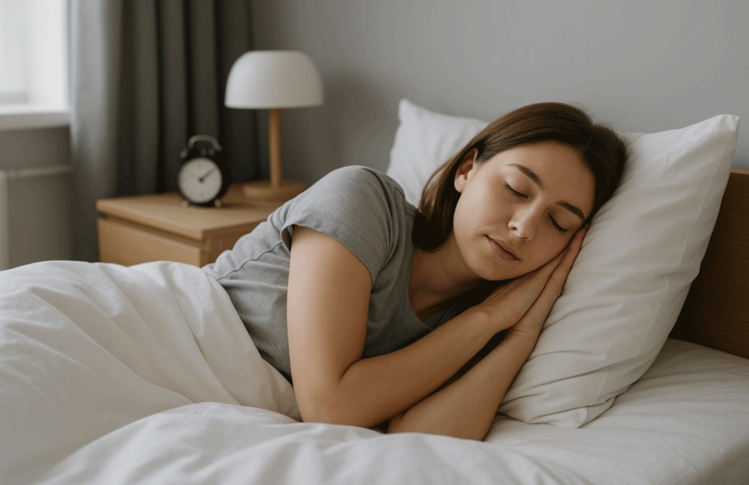 Eine junge Frau horcht an der Matratze